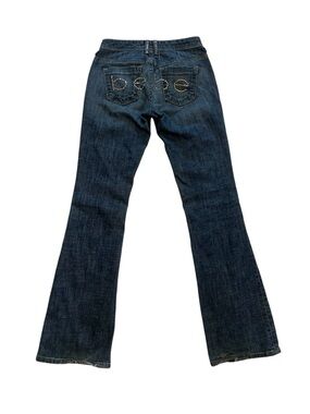 Bebe Flare Jeans Rhinestone Spellout Sz 27 Low Rise Dark Wash Made In USA